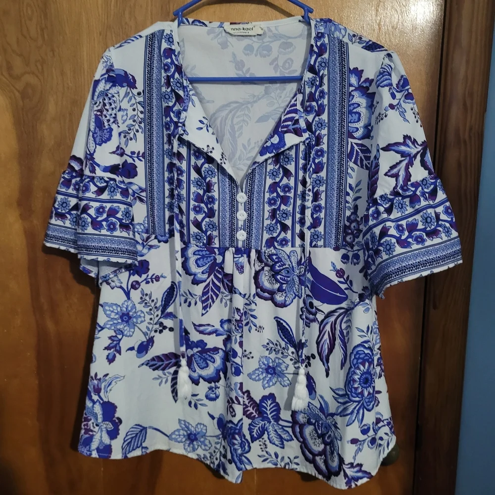 Blue Floral Women's Blouse - Picture 1 of 7